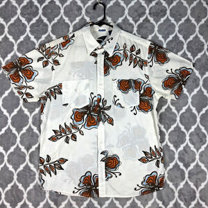 Kirra Hawaiian Shirt Men Large Cream Brown Floral‎ Button Up Vintage